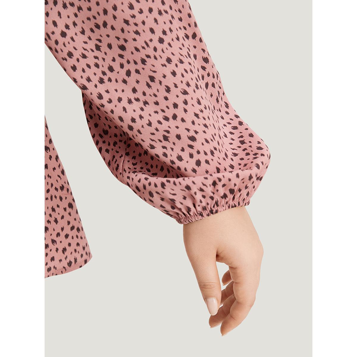 Plus Size Rouge Dot Print Twist Front Gathered V Neck Blouse Women Elegant Long Sleeve V-neck Everyday Blouses BloomChic 28/5X Product Image