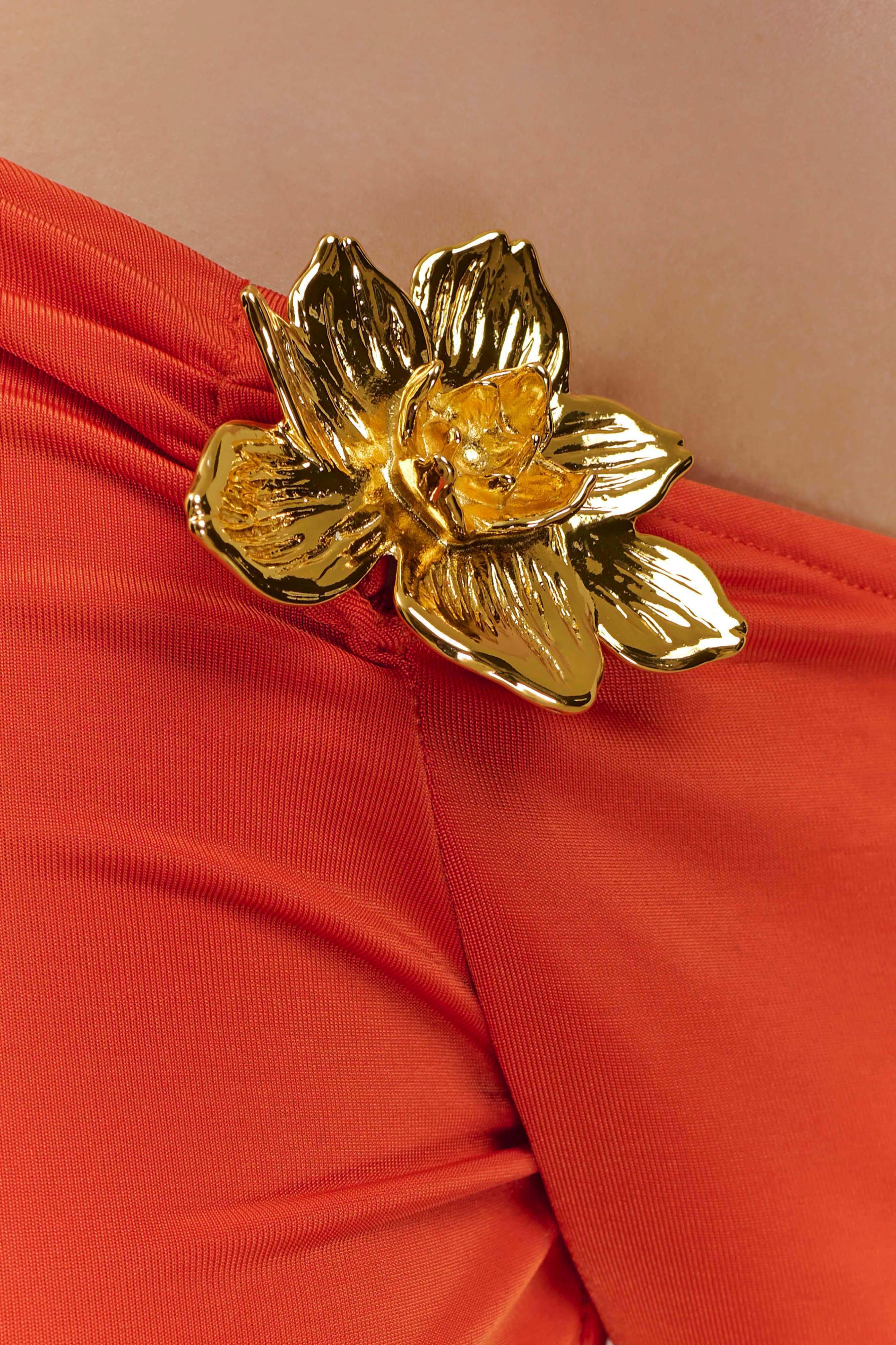 Ainsley Asymmetrical Long Sleeve Top With Floral Hardware - Burnt Orange Product Image