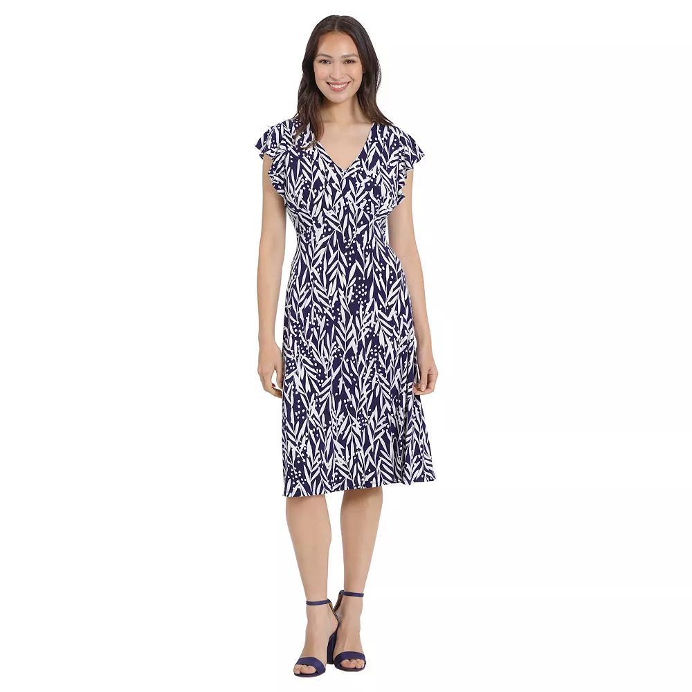 Womens London Times Ruffle Sleeve Print Midi Dress Pink White Product Image