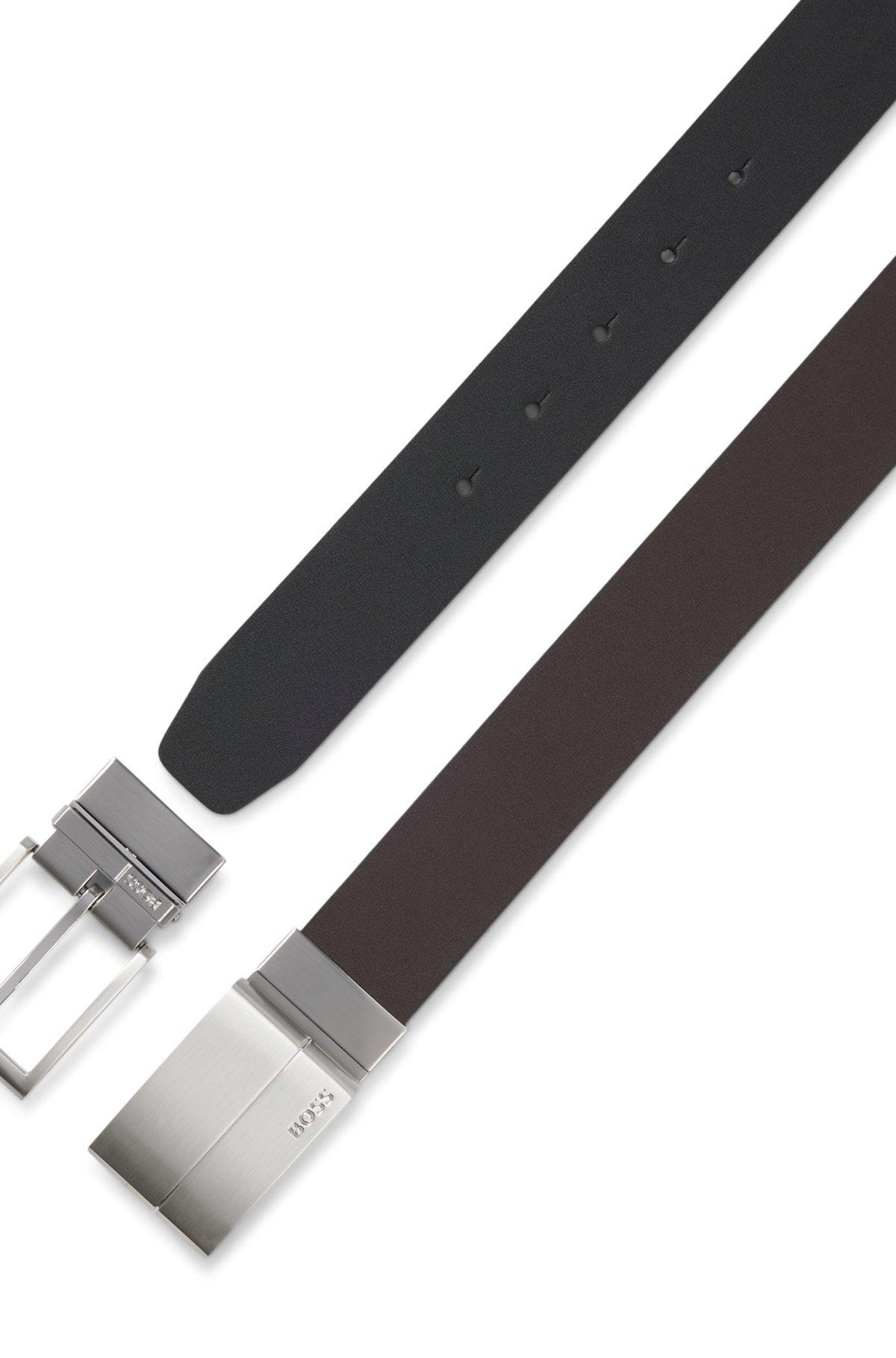 BOSS - Reversible-leather belt with pin and plaque buckles - Black Product Image