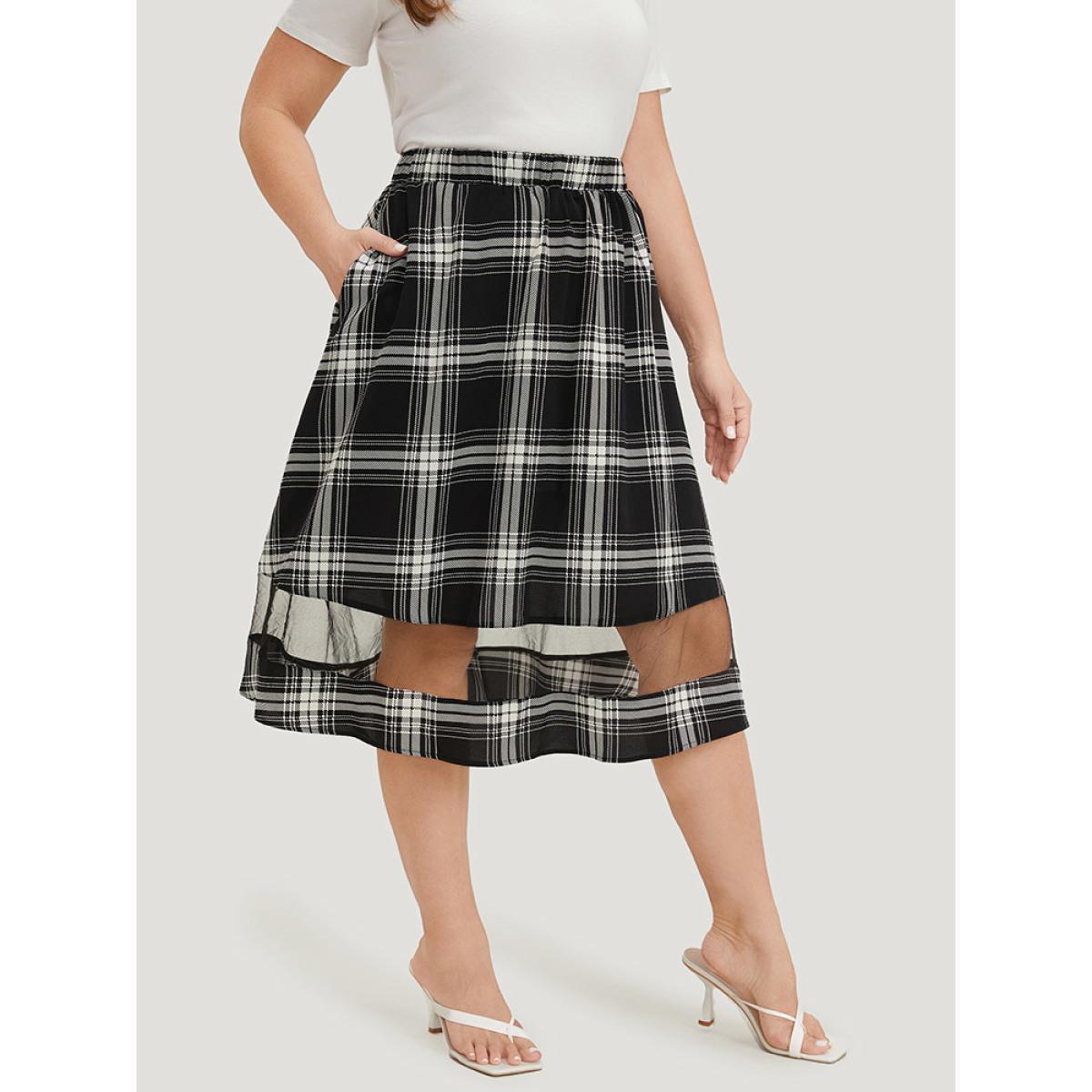 Plus Size Tartan Pocket Mesh Patchwork Elastic Waist Skirt Women Black Office See through No stretch Pocket Work Skirts BloomChic 12/L Product Image