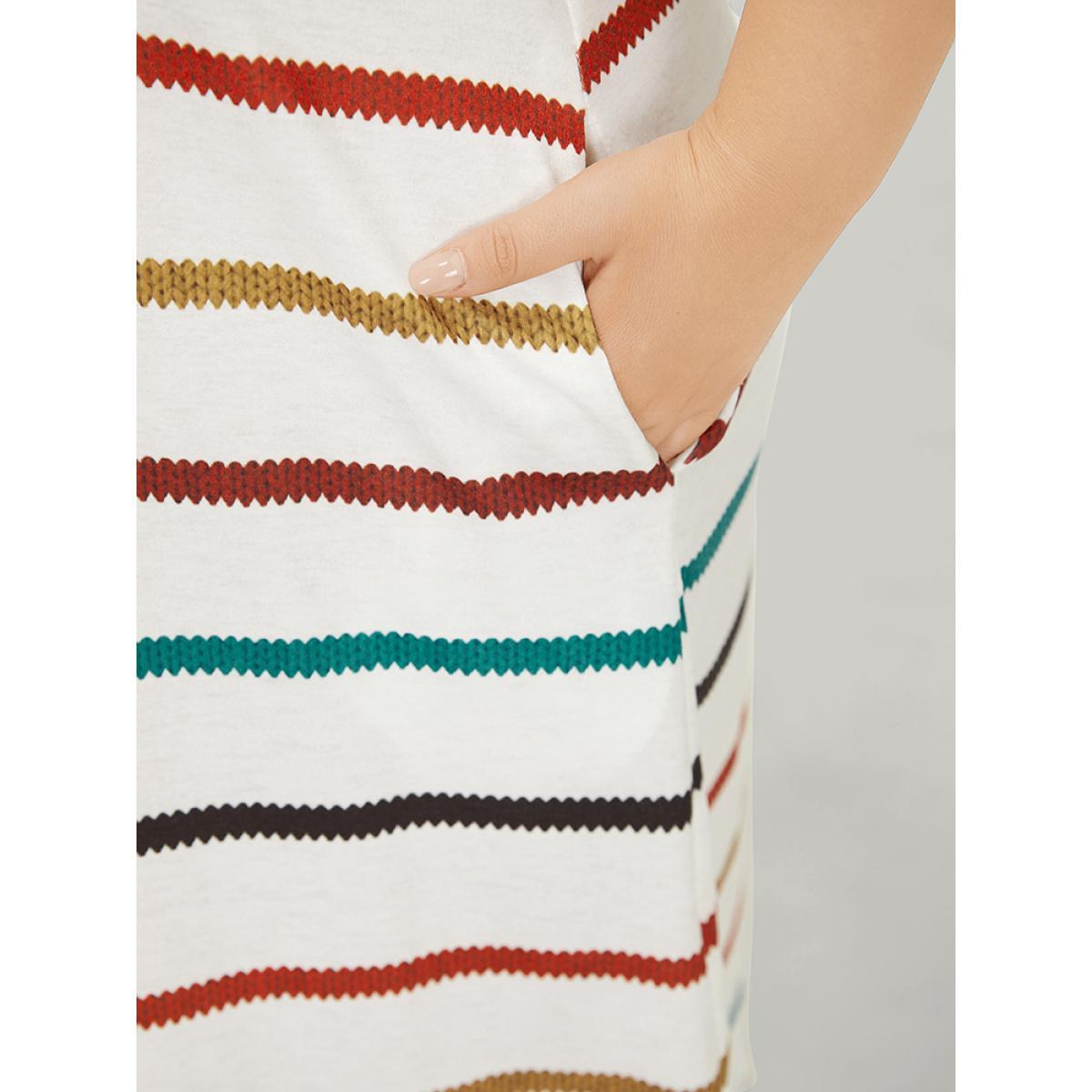Plus Size Rainbow Striped Pocket Curved Hem Dress White Women Casual Contrast V-neck Short sleeve Curvy Midi Dress BloomChic 14-16/1X Product Image