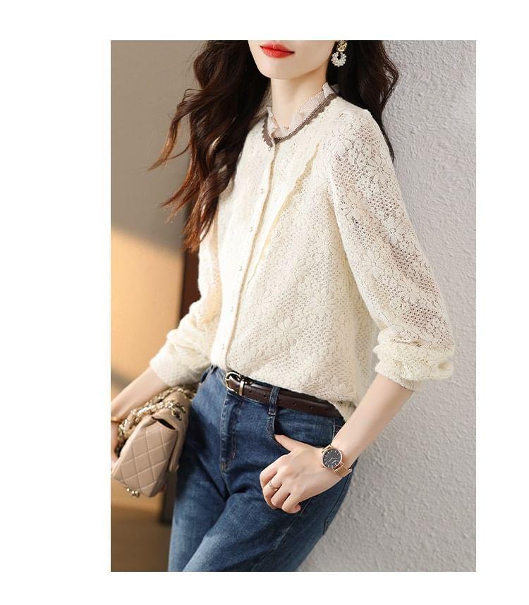 Long-Sleeve Stand Collar Contrast Trim Faux Pearl Buttoned Lace Blouse Product Image