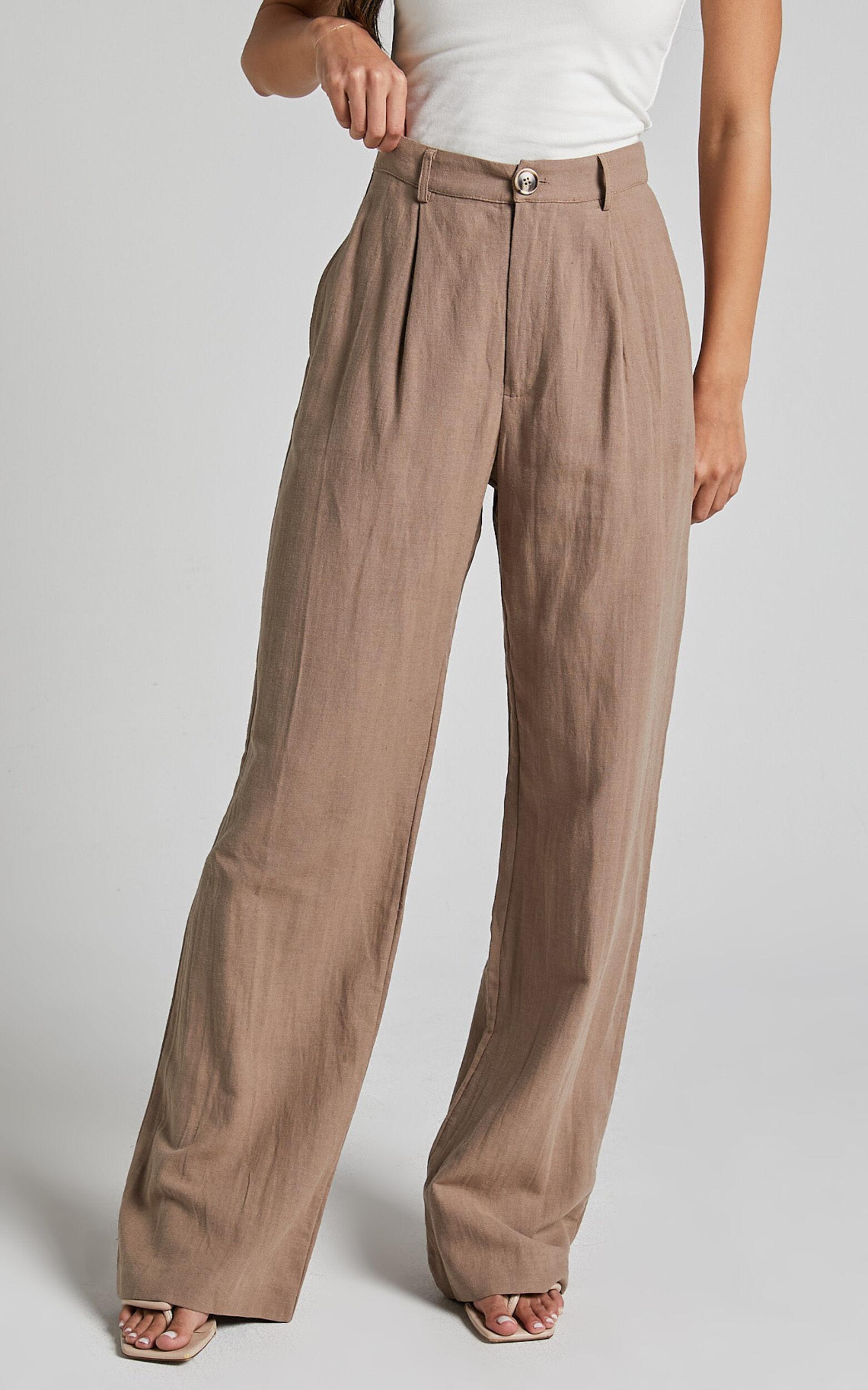 Larissa Trousers - Linen Mid Waisted Relaxed Straight Leg Trousers in Mushroom Product Image