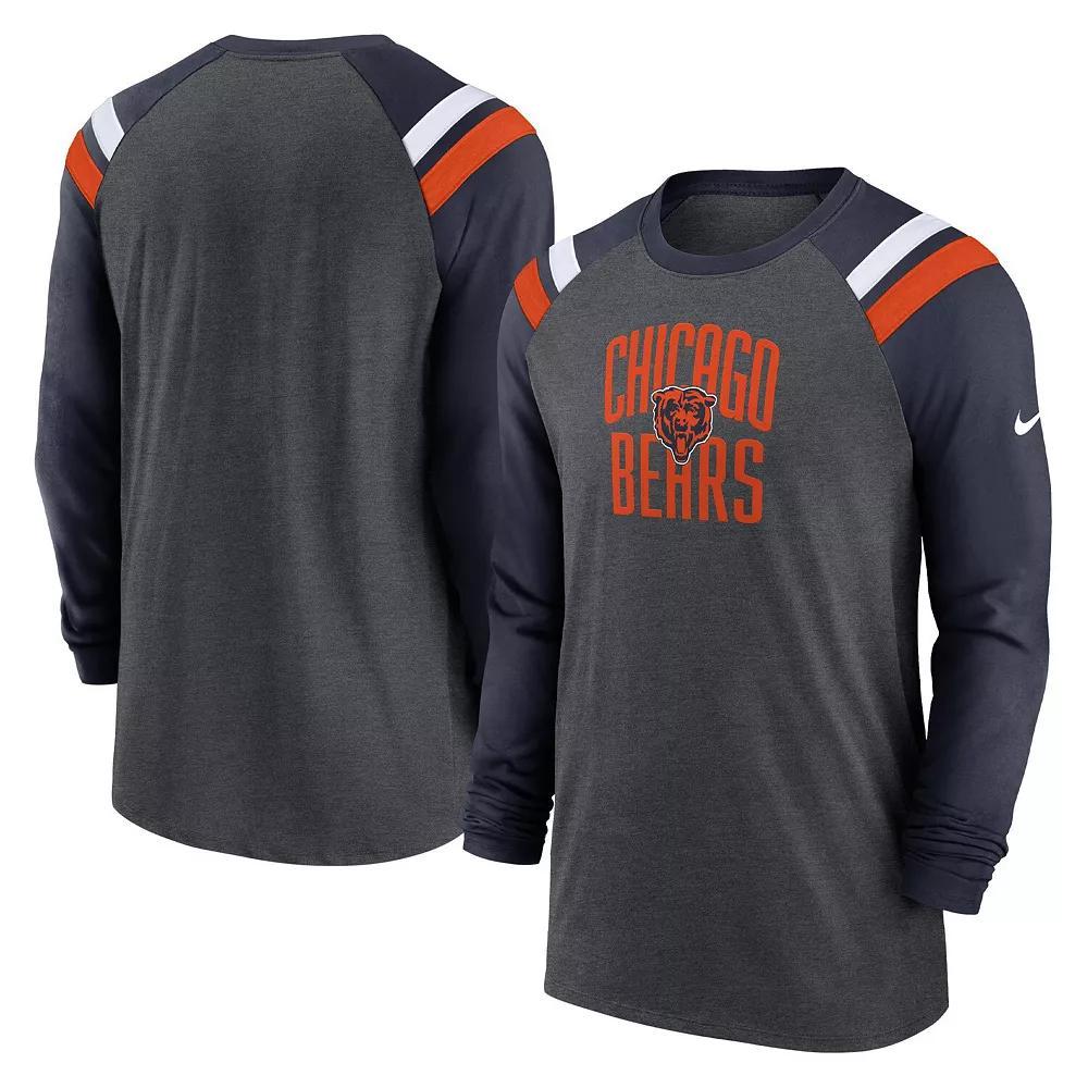 Men's Nike Heathered Charcoal/Navy Chicago Bears Tri-Blend Raglan Athletic Long Sleeve Fashion T-Shirt, Size: Small Product Image
