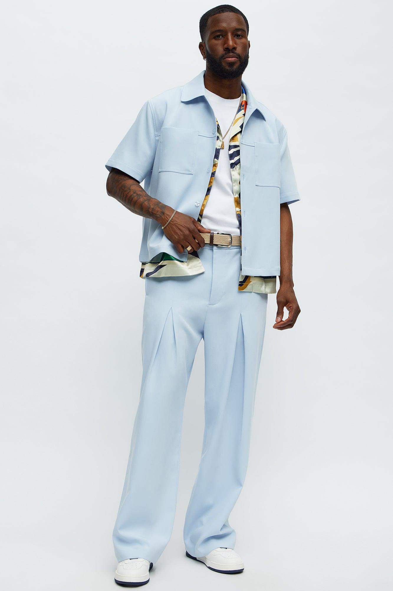Ronan High Waisted Pleated Trousers - Light Blue Male Product Image