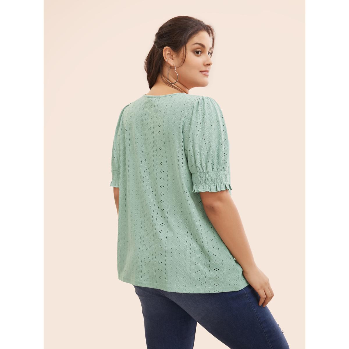 Plus Size Plain Broderie Anglaise Shirred Puff Sleeve Button Detail T-shirt Sage Women Casual Button Plain V-neck Everyday T-shirts BloomChic 28/5X Product Image