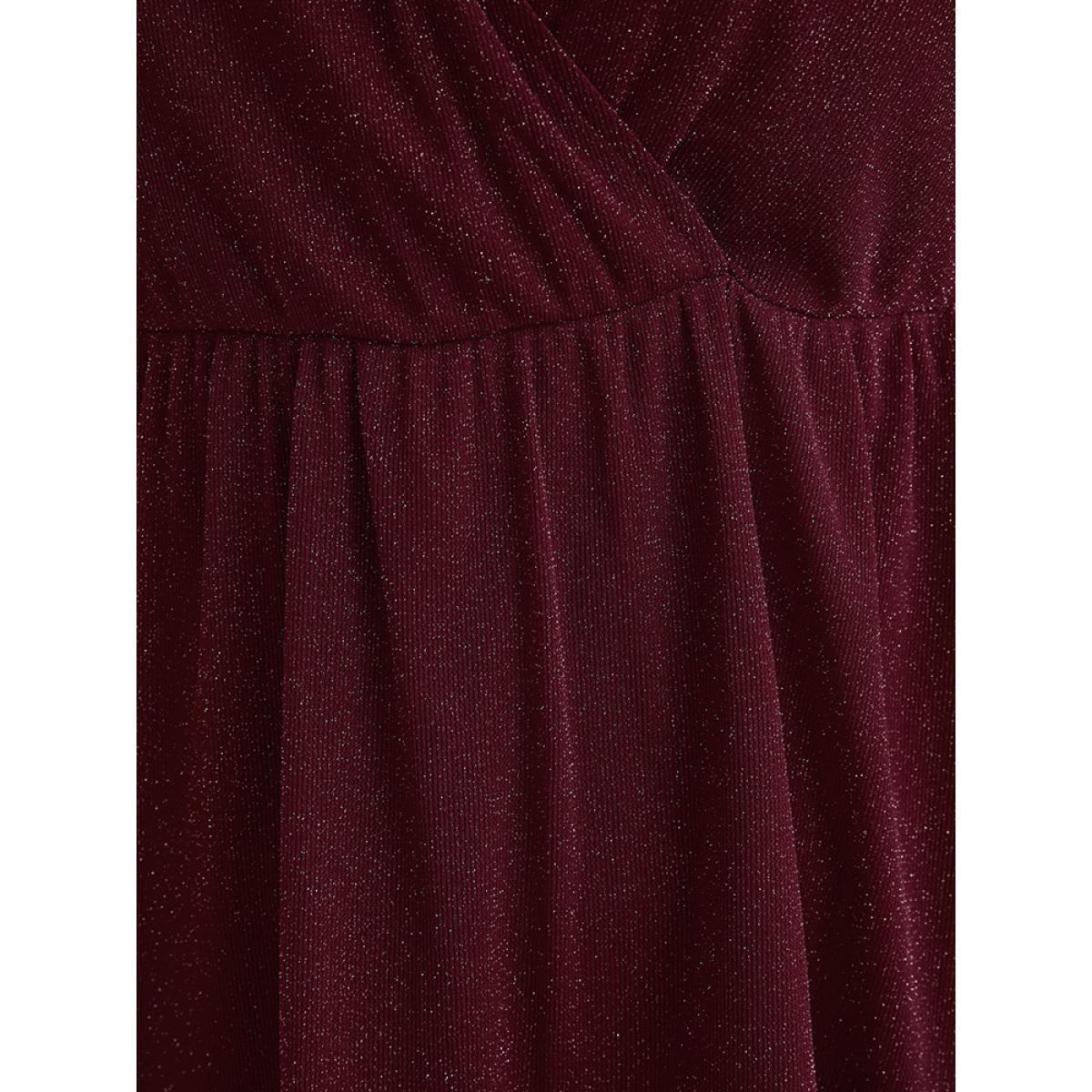 Plus Size Scarlet Solid Surplice Neck Bell Sleeve Glitter Blouse Women Glamour Elbow-length sleeve V-neck Dailywear Blouses BloomChic 10/M Product Image