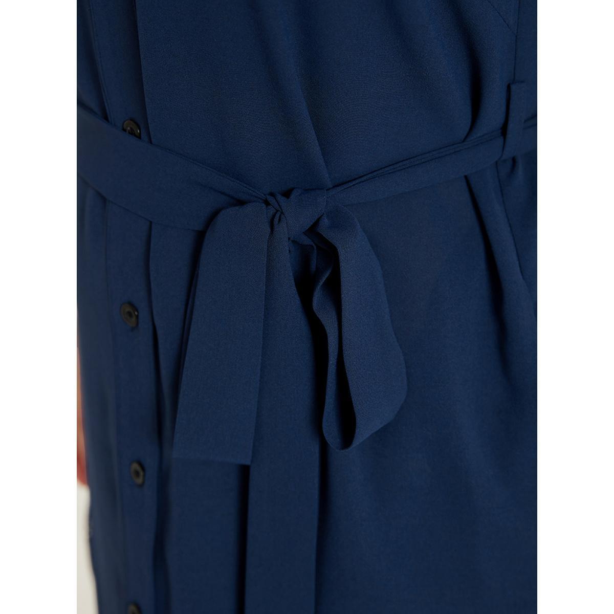 Plus Size Solid Cuffed Sleeve Button Up Belted Laser Cut Arc Hem Dress DarkBlue Women Office Belted Notched collar Short sleeve Curvy Knee Dress BloomChic 18-20/2X Product Image