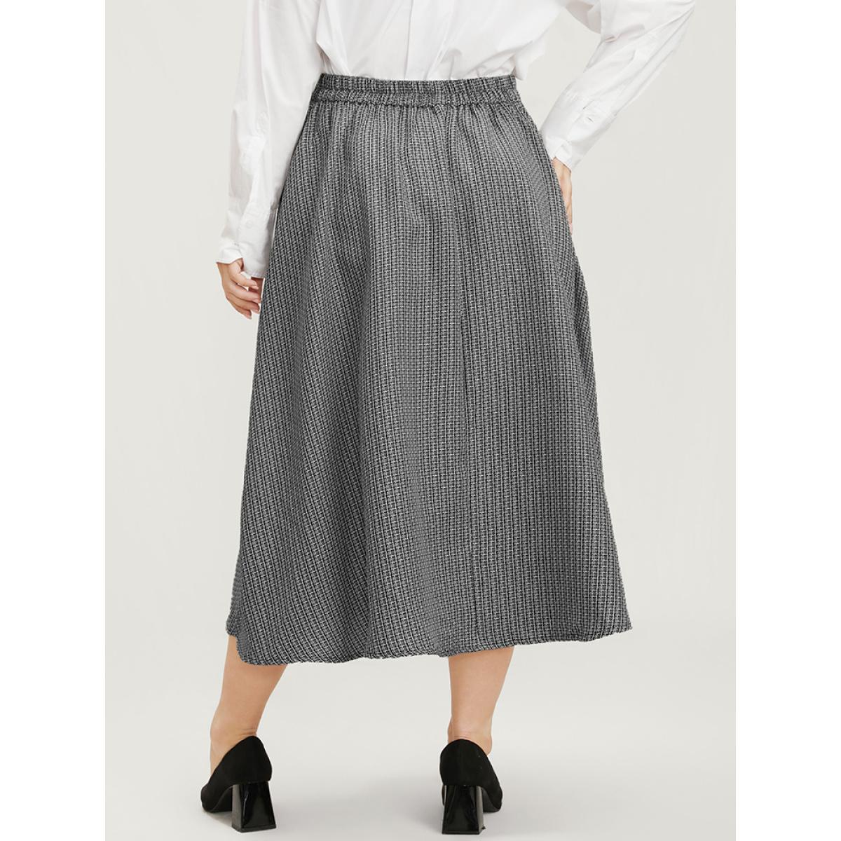 Plus Size Contrast Button Detail Elastic Waist Pocket Tweed Skirt Women Black Office Elastic Waist No stretch Pocket Work Skirts BloomChic 10/M Product Image