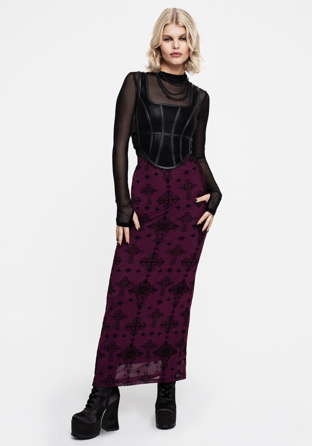 Priestess Flocked Mesh Maxi Skirt - Purple Product Image