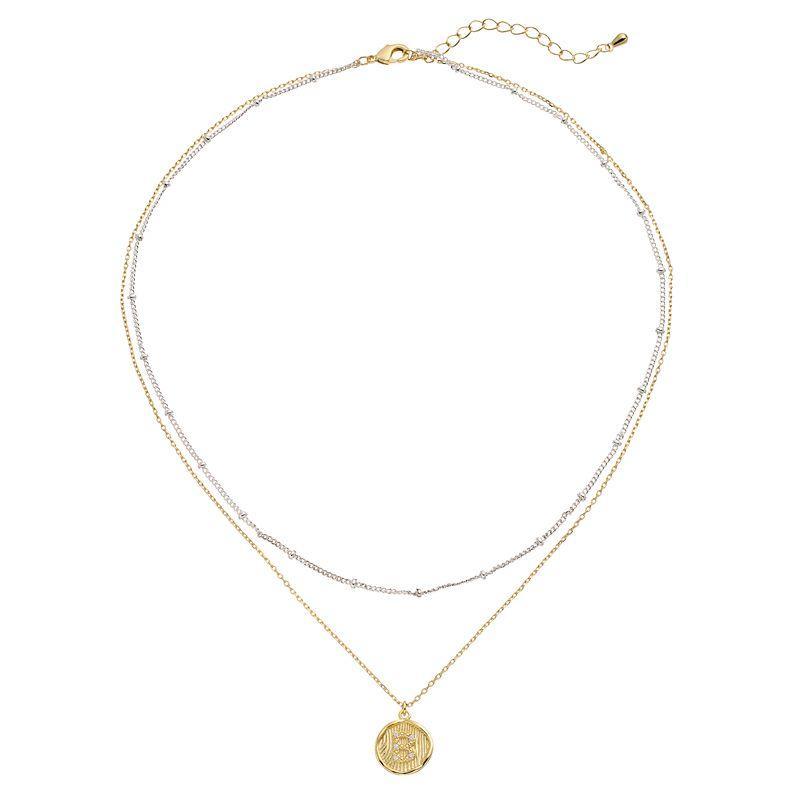 City Luxe Two Tone Layered Initial Disc Necklace with Cubic Zirconia, Women's, Size: 18", Two Tone S Product Image