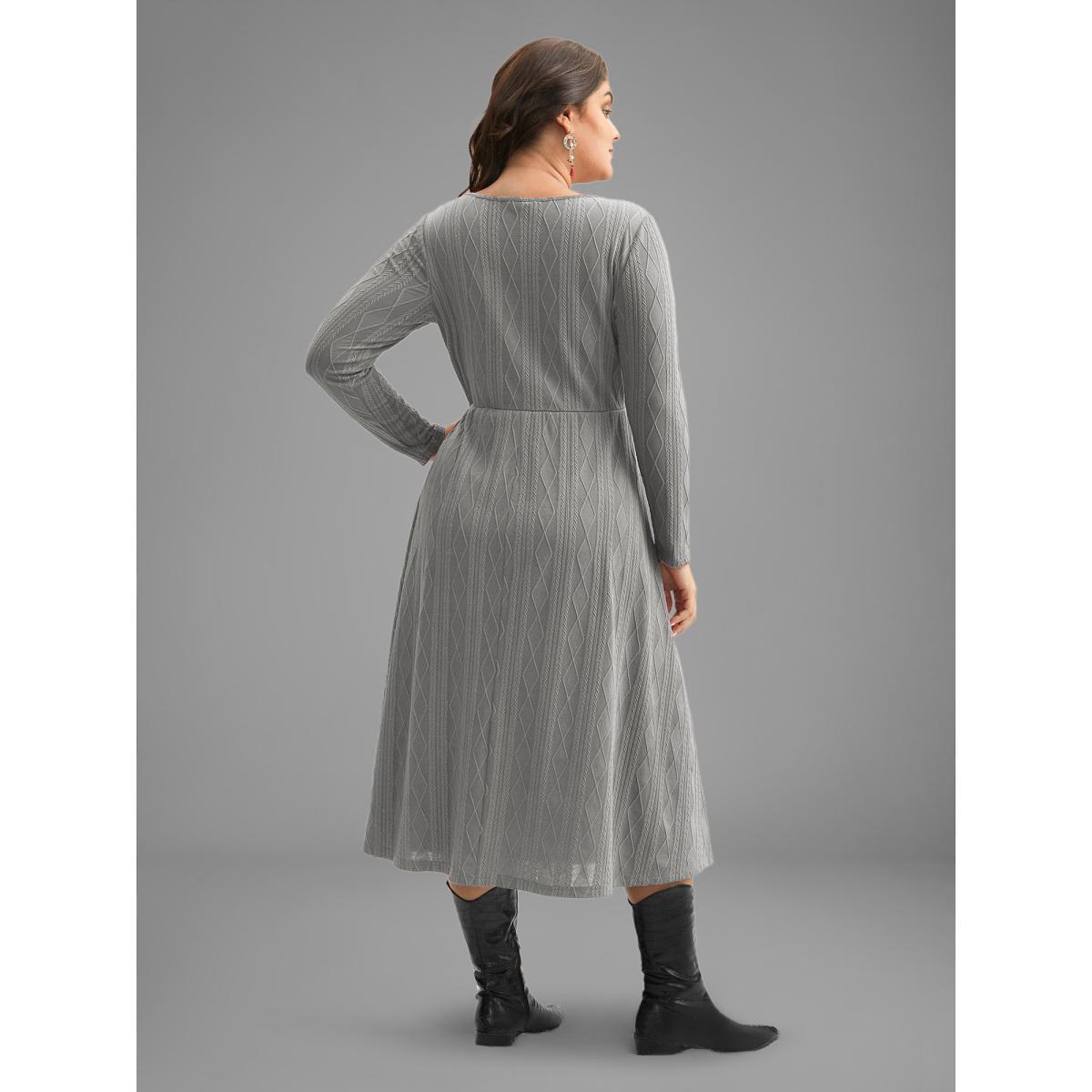 Plus Size Textured Knit Fit-And-Flare Midi Dress Mediumgray Women Casual Texture Round Neck Long Sleeve Curvy BloomChic 26/4X Product Image