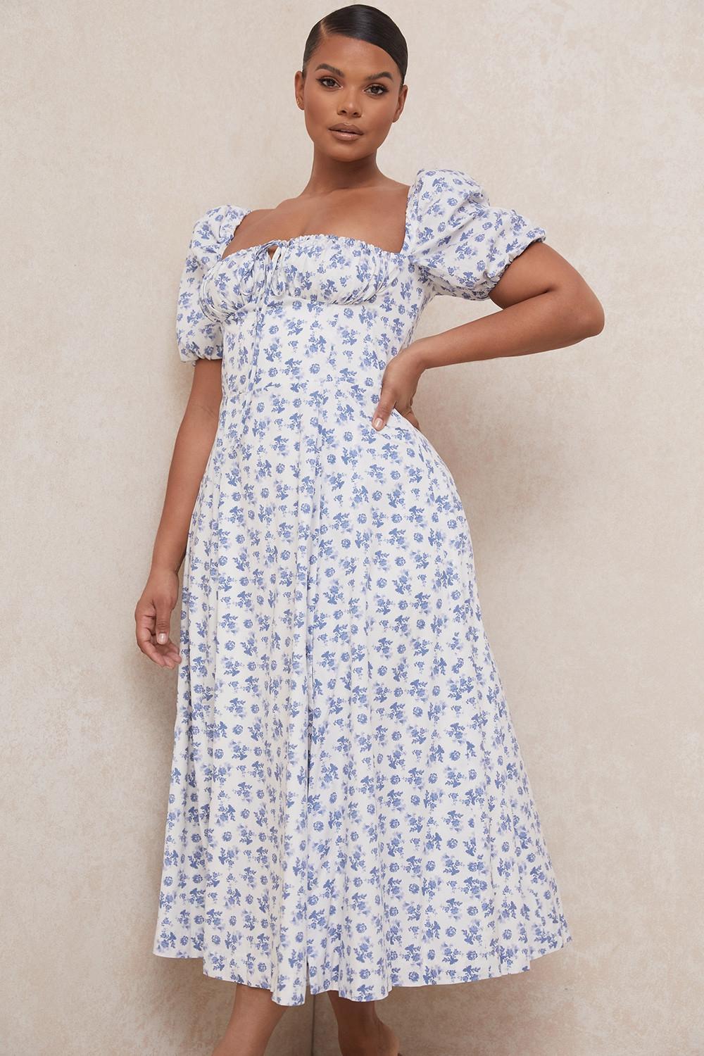 Tallulah Blue White Floral Midi Dress Product Image