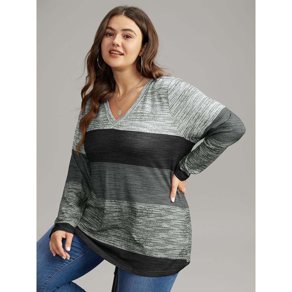 Plus Size Striped Colorblock Contrast V Neck T-shirt Gray Women Casual Contrast Colorblock V-neck Everyday T-shirts BloomChic 22-24/3X Product Image