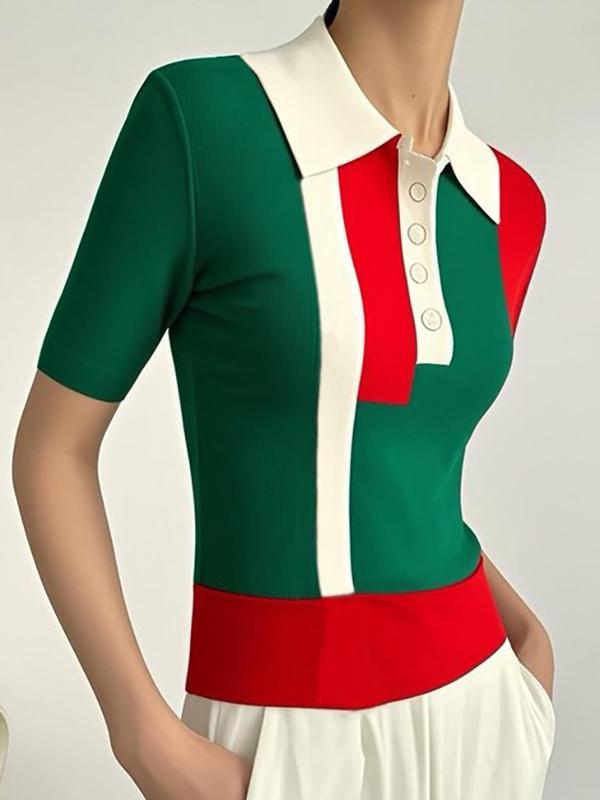 Short Sleeves Skinny Buttoned Contrast Color Lapel Polo-Style T-Shirts Tops Product Image