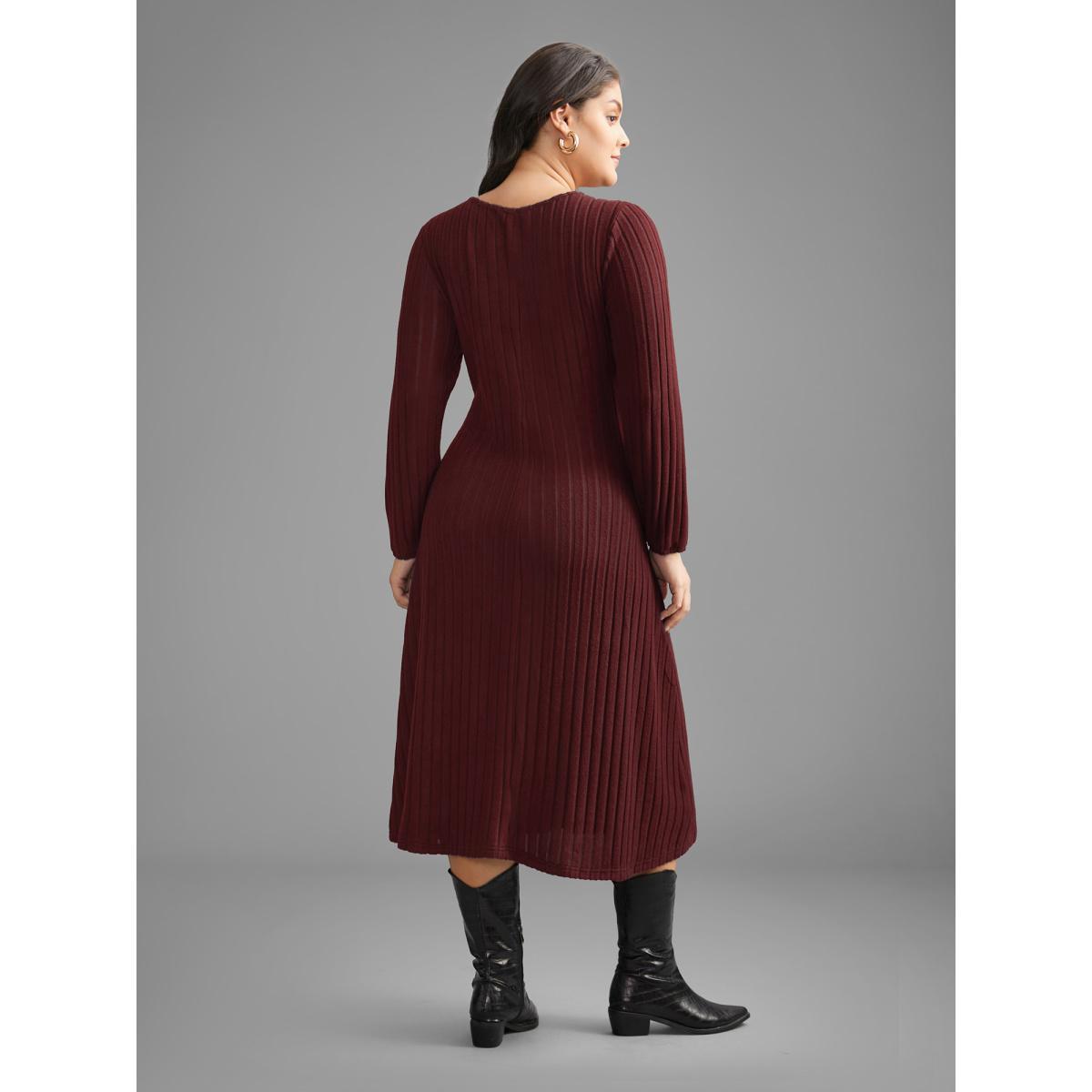 Plus Size Plain Rib Knit Button Detail Dress Burgundy Women Casual Texture Knit Dresses Bloomchic 10/M Product Image