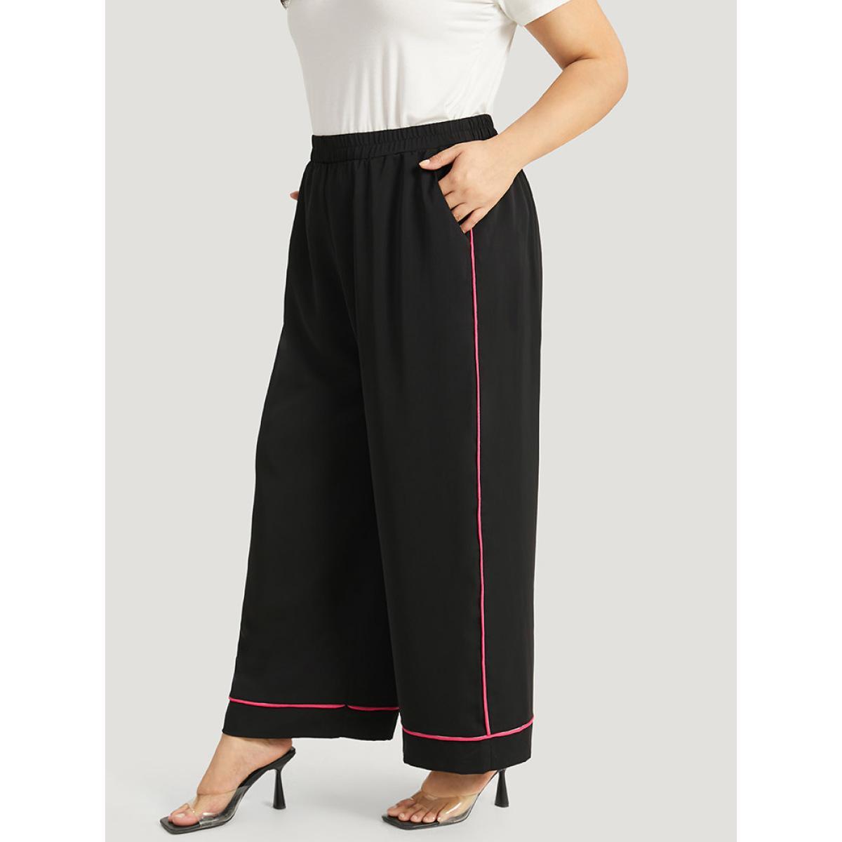 Plus Size Anti-Wrinkle Contrast Elastic Waist Seam Detail Loose Pants Women Black Office Wide Leg High Rise Work Pants BloomChic 10/M Product Image