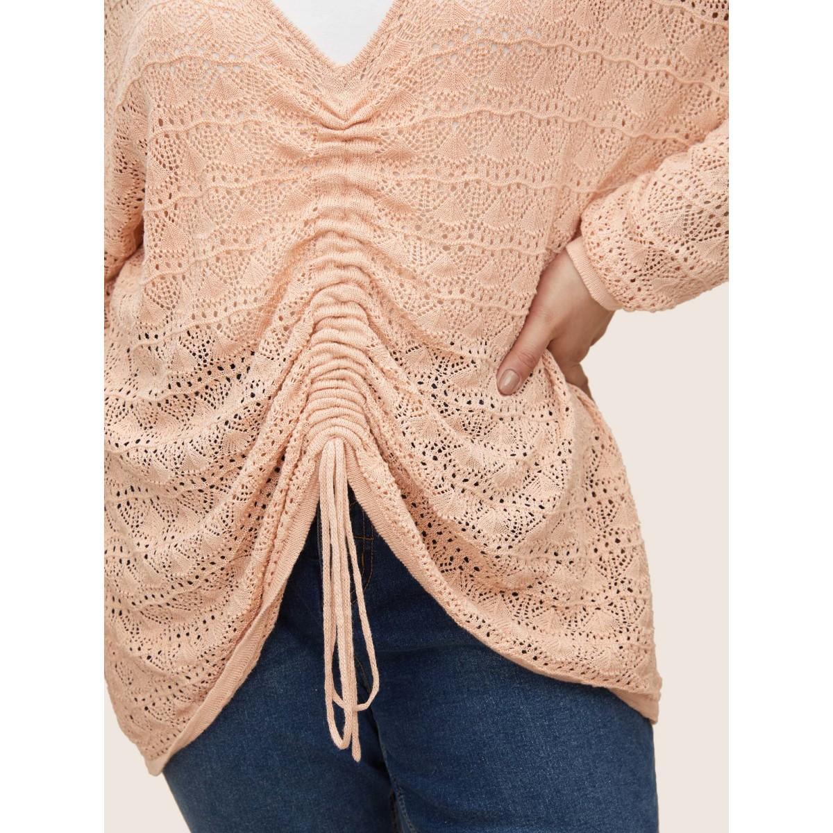 Plus Size Texture Drawstring Shoulder Sleeve Pullover Coral Women Casual Long Sleeve Deep V-neck Everyday Pullovers BloomChic 22-24/3X Product Image