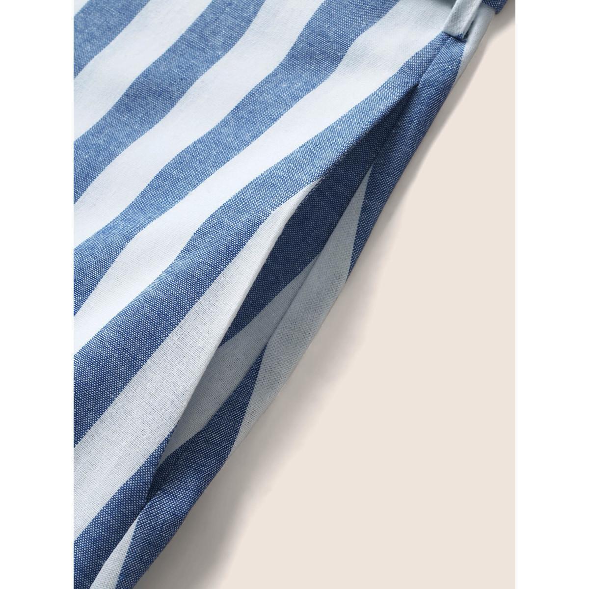 Plus Size Striped Linen Blend Ruffle Layered Hem Dress LightBlue Women Casual Belted Square Neck Sleeveless Curvy BloomChic 12/L Product Image
