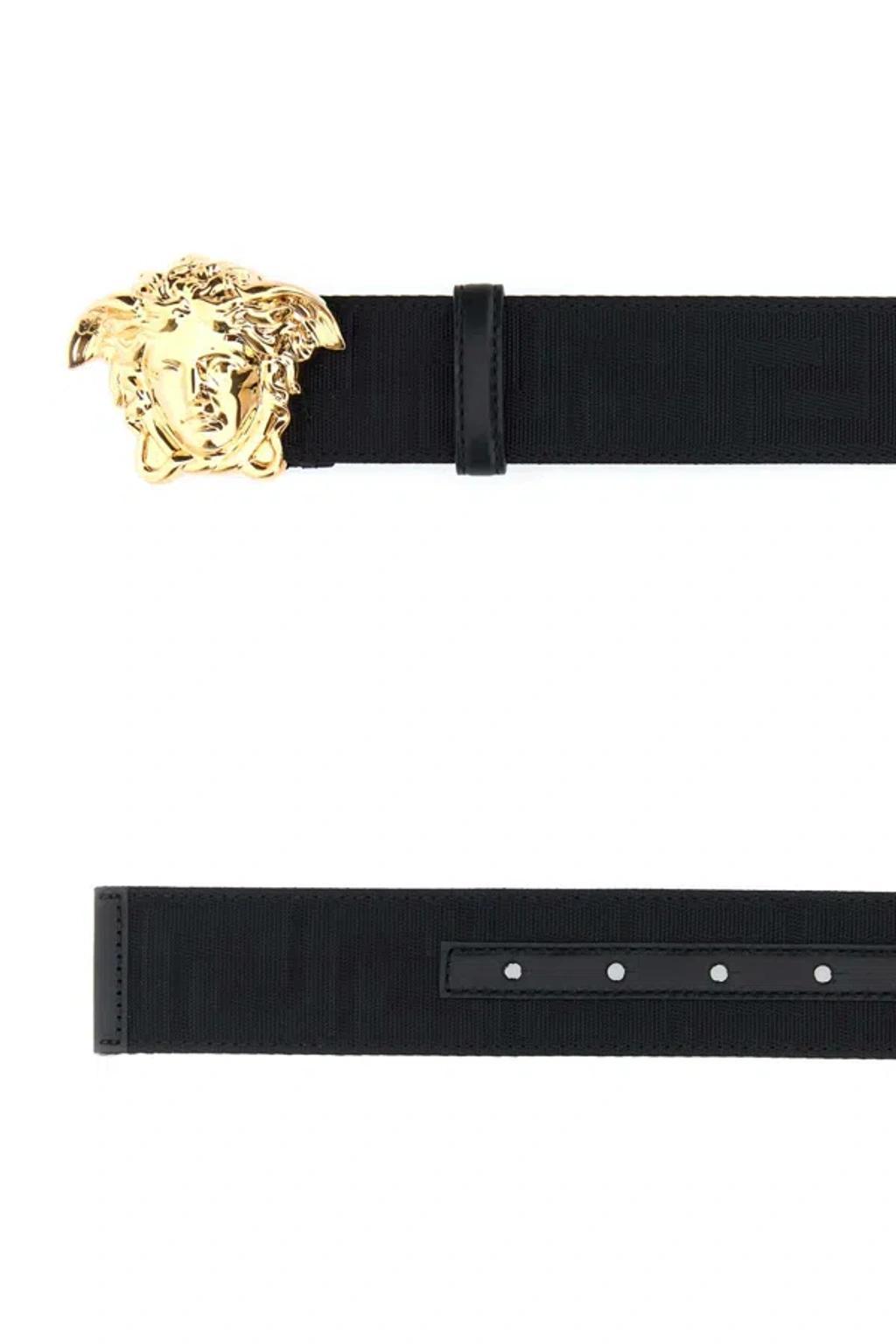 VERSACE Adjustable Fabric Medusa Belt With Gold-tone Buckle In Black Product Image