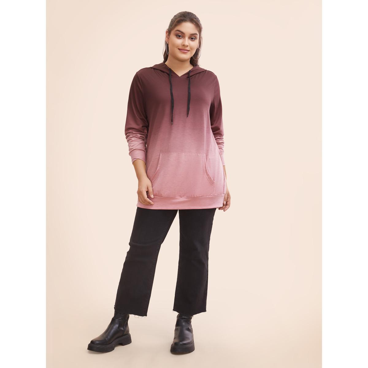 Plus Size Ombre Pocket Drawstring Hooded Sweatshirt Women Purple Casual Elastic cuffs Hooded Everyday Sweatshirts BloomChic 14-16/1X Product Image