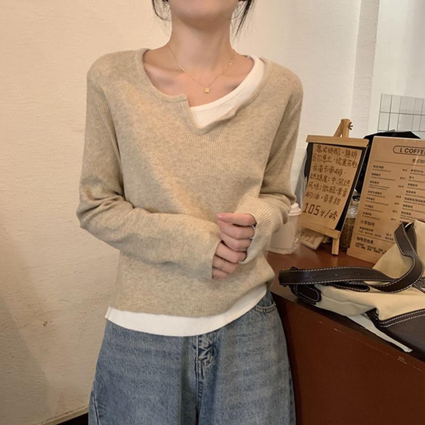 Notch Neck Two Tone Mock Two-Piece Sweater Product Image