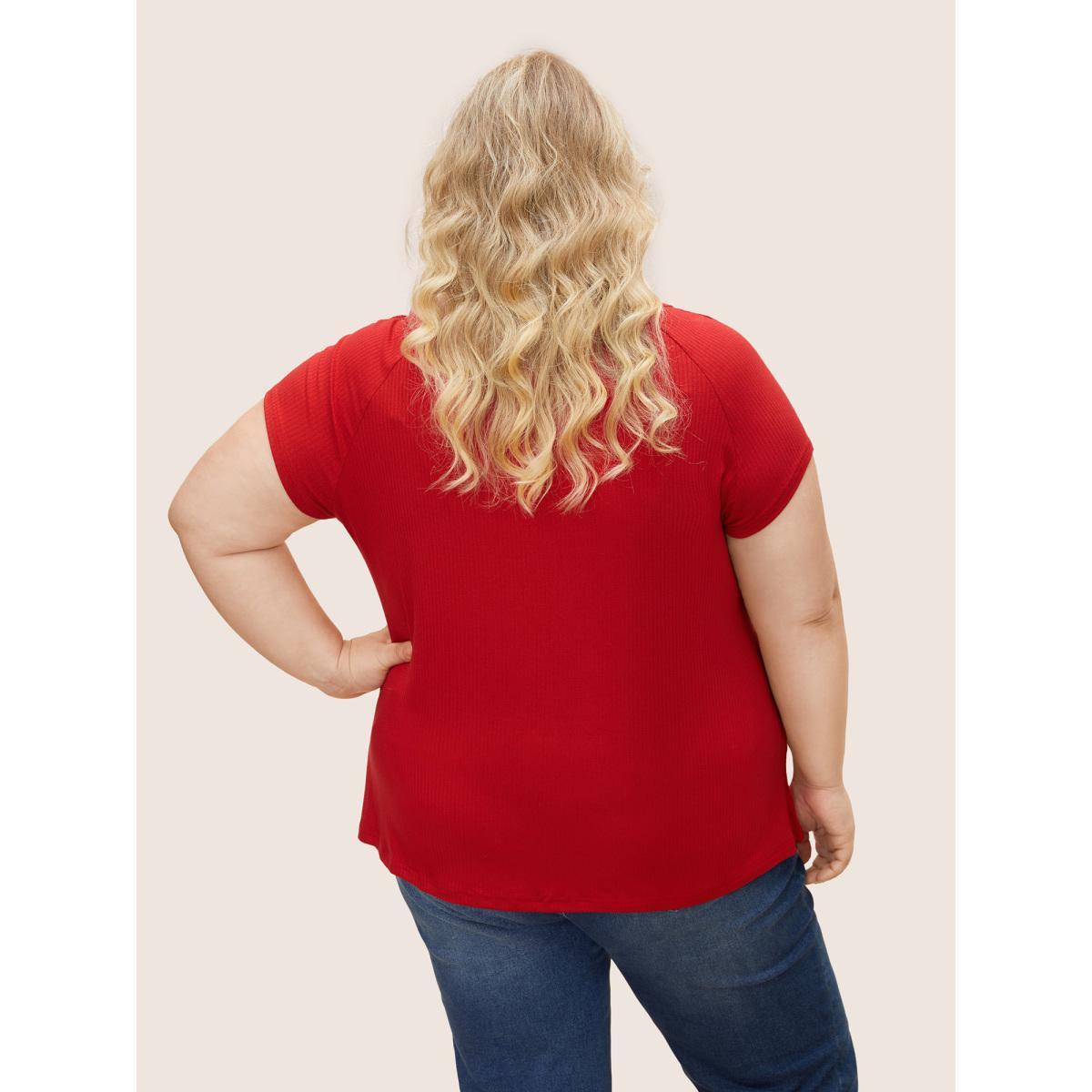 Plus Size Solid Notched Collar Pit Strip T-shirt Brightred Women Elegant Non Notched collar Bodycon Everyday T-shirts BloomChic 14-16/1X Product Image