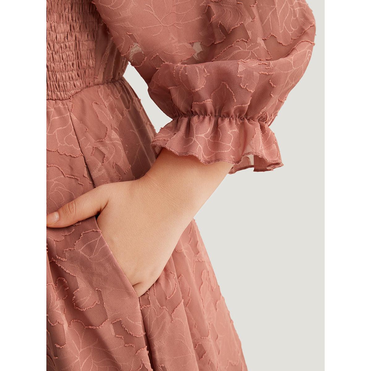 Plus Size Plain Pocket Frill Trim Lantern Sleeve Dress Watermelon Women Elegant Elastic cuffs Square Neck Elbow-length sleeve Curvy Midi Dress BloomChic 12/L Product Image