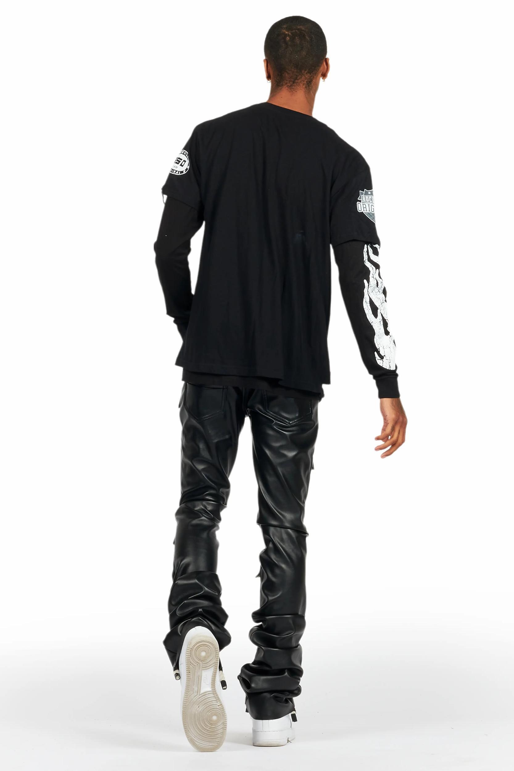Petrus Jet Black PU Stacked Flare Leather Jean Male Product Image
