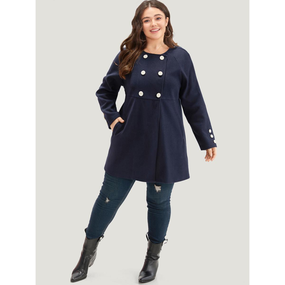 Plus Size Solid Button Detail pocket Coat Women Indigo Casual Plain Ladies Everyday Winter Coats BloomChic 12/L Product Image
