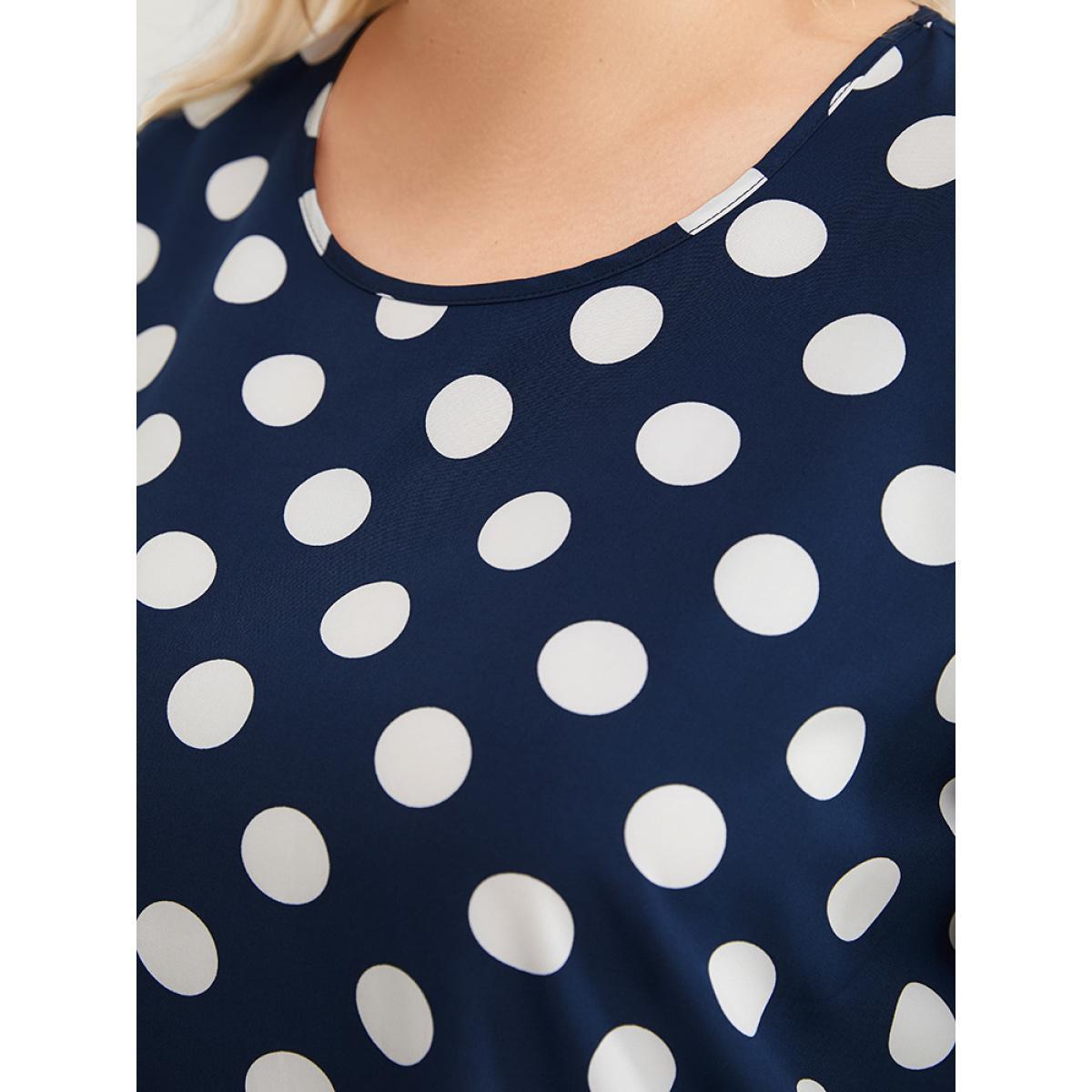 Plus Size Indigo Polka Dot Ruffle Tiered Sleeve Blouse Women Office Short sleeve Round Neck Work Blouses BloomChic 12/L Product Image