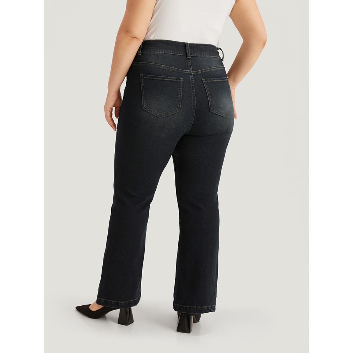 Plus Size Plain Flare Leg Dark Wash Jeans Women Midnight Casual Plain Plain High stretch Pocket Jeans BloomChic 24/3X Product Image