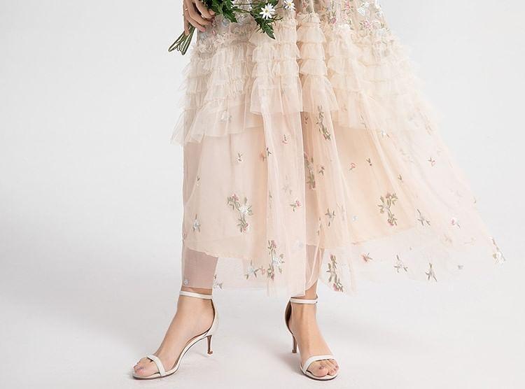 Long Sleeve Round Neck Floral Embroidered Frill Mesh Maxi A-Line Dress Product Image