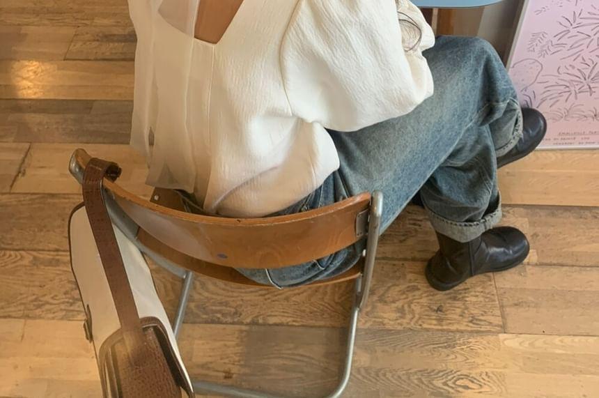 Long-Sleeve Ribbon Back Plain Blouse Product Image