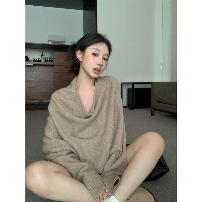 Set: Off-Shoulder Plain Oversized Sweater + High Waist Knit Hot Pants Product Image