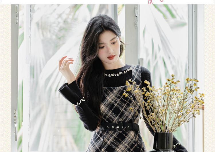 Long-Sleeve Crew Neck Faux Pearl Knit Top / Square Neck Plaid Midi A-Line Overall Dress Product Image