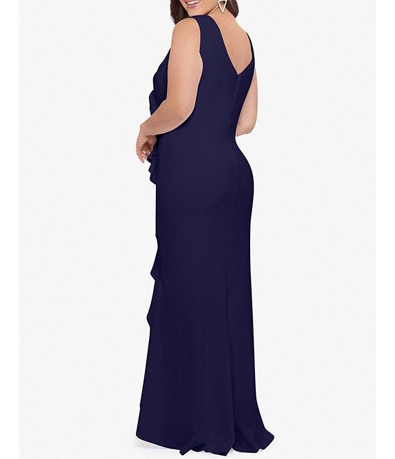Betsy & Adam Plus Size Sleeveless V-Neck Cascade Ruffle Scuba Crepe Gown Product Image