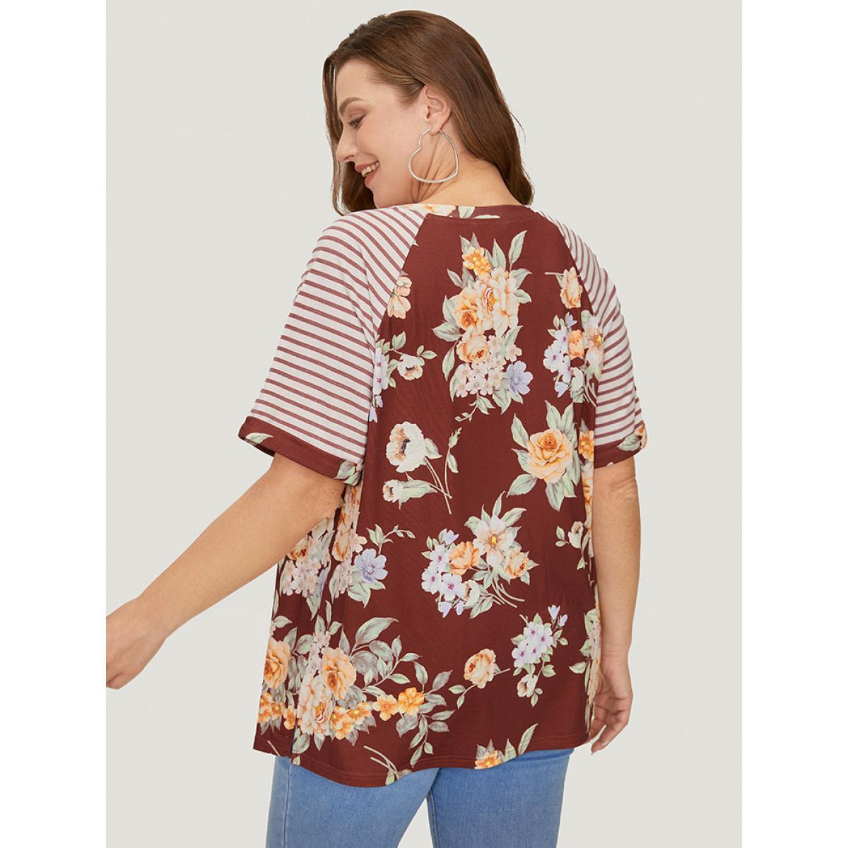 Plus Size Floral & Striped Print Patchwork Roll Raglan Sleeve T-shirt Burgundy Women Elegant Patchwork Striped Round Neck Dailywear T-shirts BloomChic 28/5X Product Image