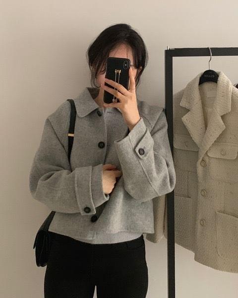 Long Sleeve Collared Plain Button Coat Product Image