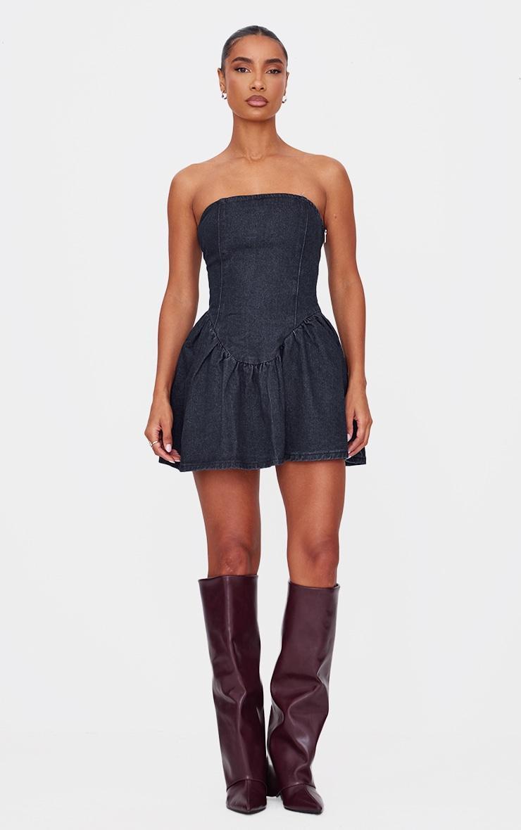 Indigo Lace Up Back Denim Puffball Dress Product Image