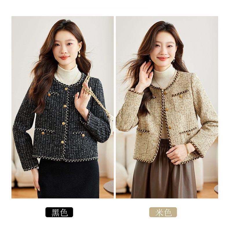 Crew Neck Button-Up Tweed Jacket Product Image