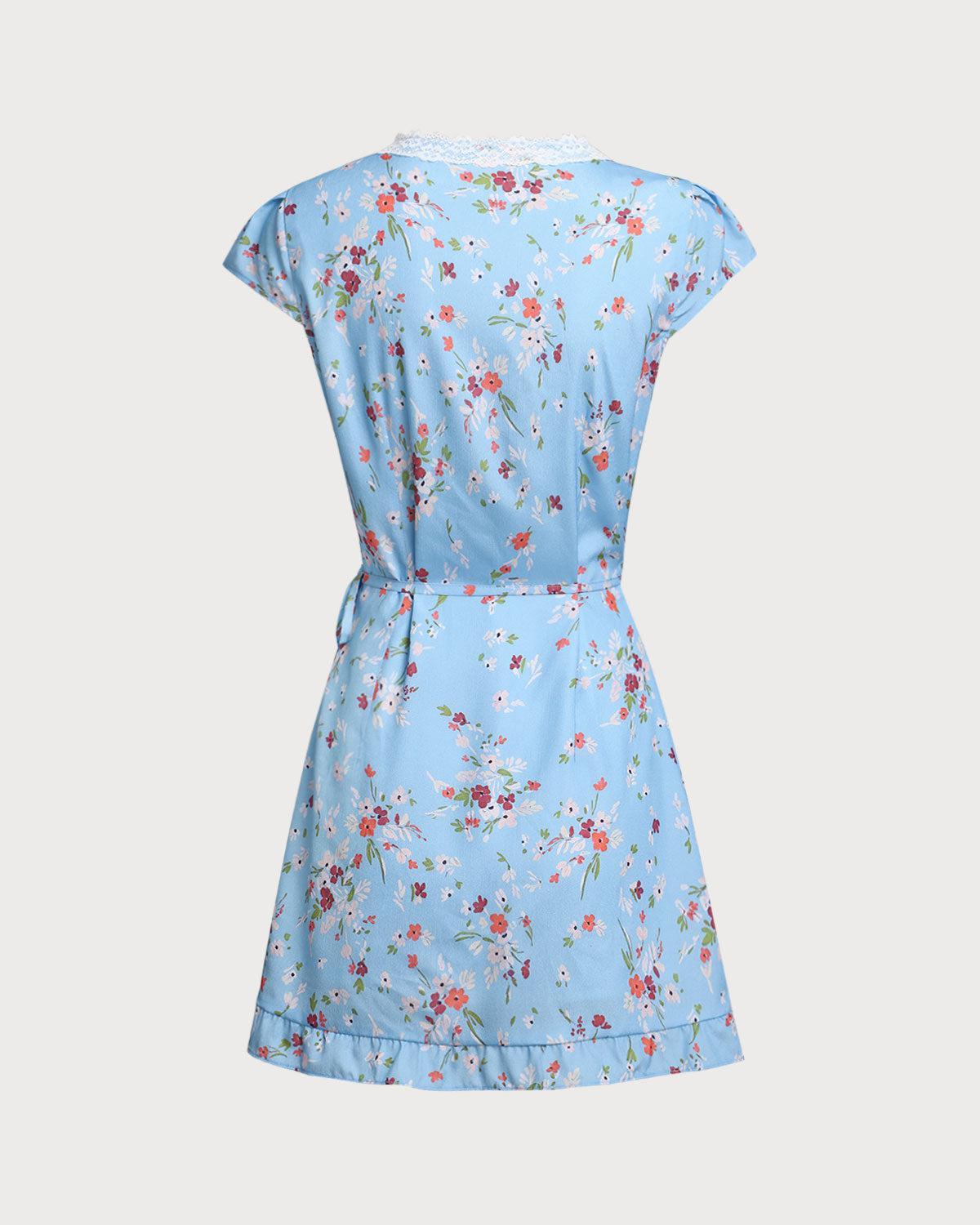 Blue Floral Wrap Mini Dress Product Image