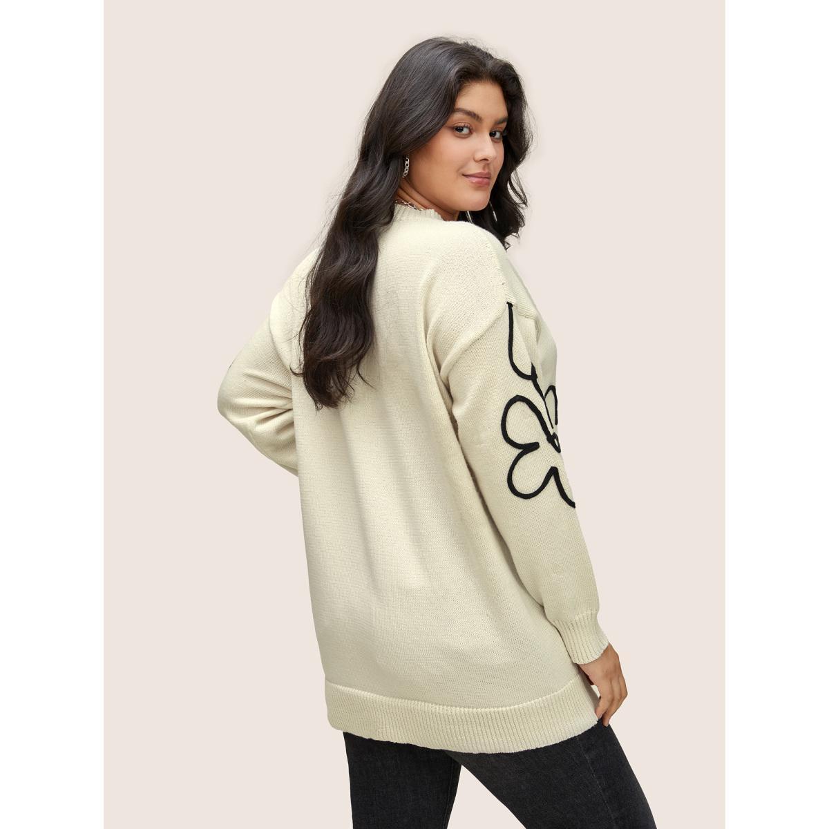 Plus Size Supersoft Essentials Floral Embroidered Crew Neck Pullover Beige Women Casual Loose Long Sleeve Round Neck Everyday Pullovers BloomChic 22-24/3X Product Image