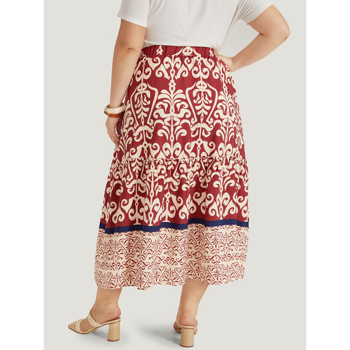 Plus Size Bandana Print Elastic Waist Pocket Skirt Women Scarlet Vacation Frill Trim No stretch Pocket Dailywear Skirts BloomChic 18-20/2X Product Image