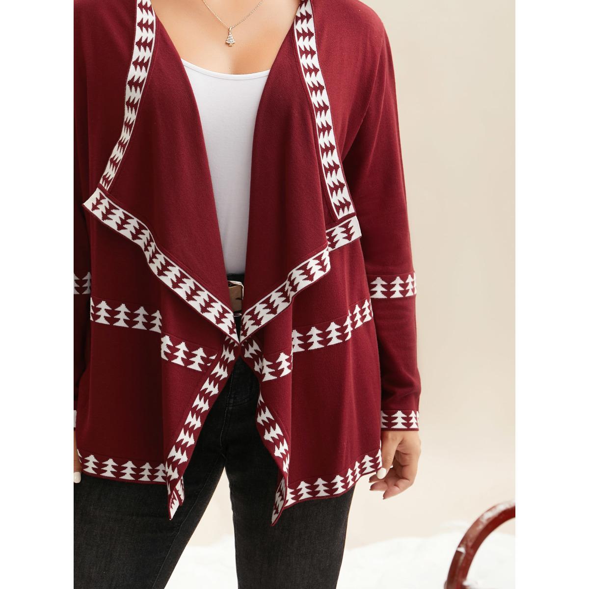 Plus Size Holiday Pattern Hem Lapel Collar Knit Cardigan Burgundy Women Casual Loose Long Sleeve Everyday Cardigans BloomChic 22-24/3X Product Image
