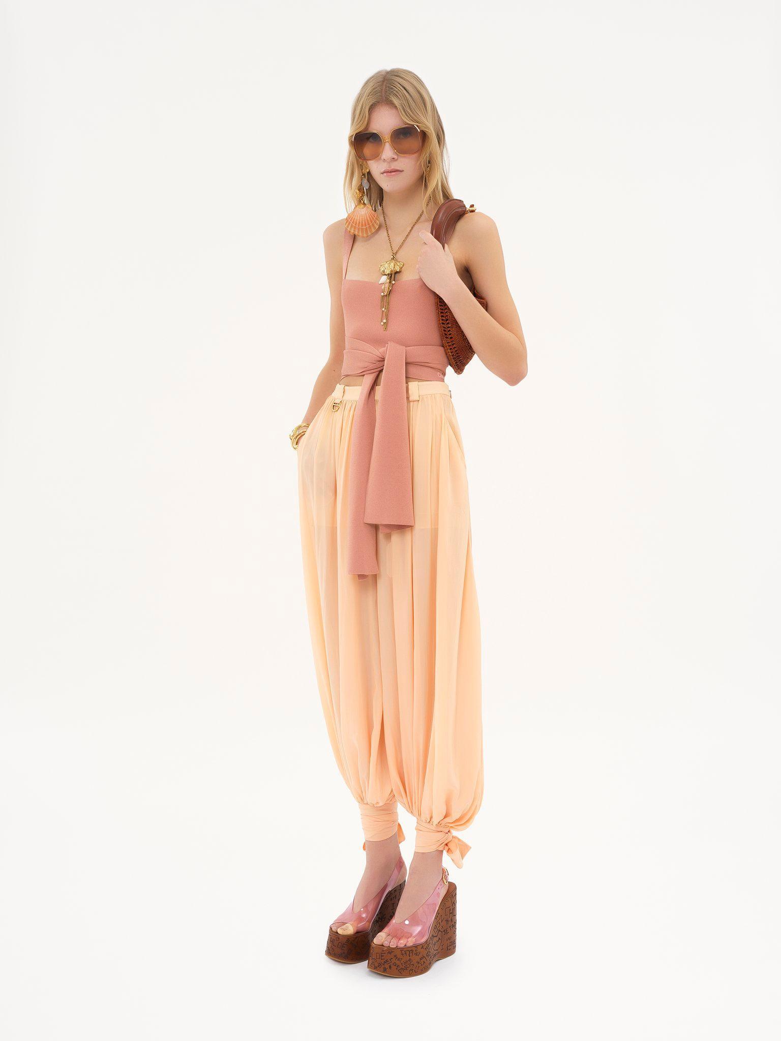 Cropped front-tie tank top in shiny viscose knit Product Image