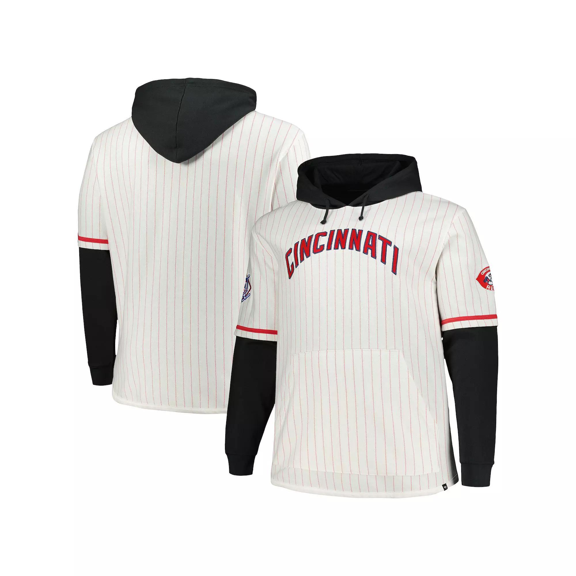 Men's '47 White Cincinnati Reds Big & Tall Pinstripe Double Header Collection Pullover Hoodie, Size: 3XB, Red White Product Image