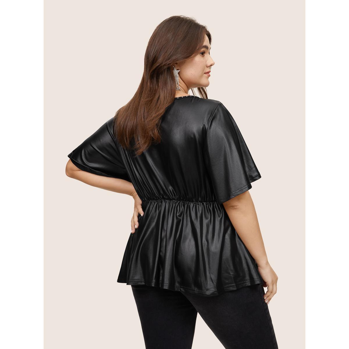 Plus Size Black PU Leather Mesh Patchwork Pearl Beaded Blouse Women Glamour Short sleeve Round Neck Party Blouses BloomChic 12/L Product Image