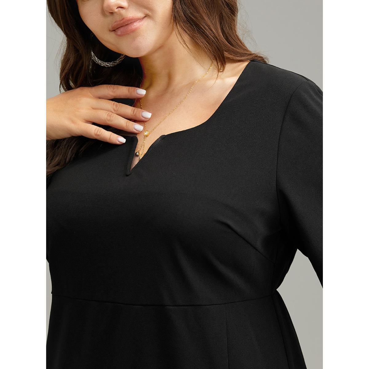 Plus Size Plain Notched Elastic Waist Split Hem Dress Black Women Glamour Plain Notched collar Long Sleeve Curvy Midi Dress BloomChic 22-24/3X Product Image
